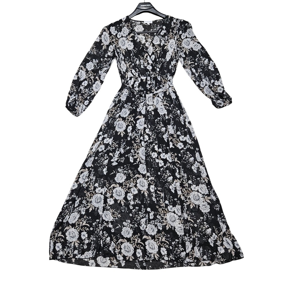 Luxology Maxi Dress Womens Small Black Floral Long Sleeve Wrap V-Neck Whimsigoth